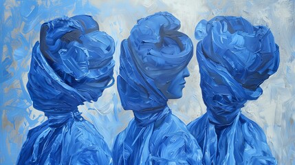 Fototapeta premium This abstract painting portrays three faceless figures covered in blue wraps, blending into an artistic expression that evokes a sense of mystery and anonymity, created in a modern style.
