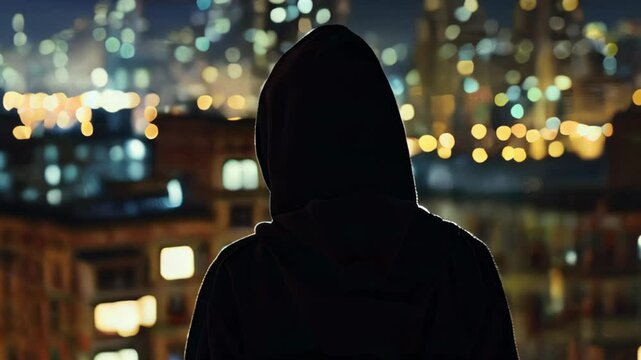 back view of hacker in sport suit standing on roof top above night megapolis city, anonymous faceless man in a hood.