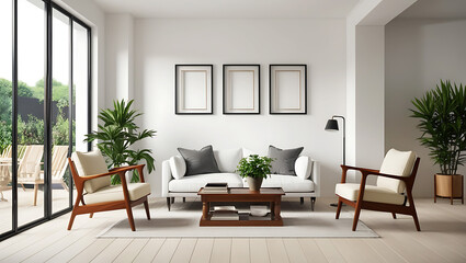 A modern abstract interior design of a cozy living room with a modern white sofa set up and with blank frames, plant in basket, ideal for best-seller in home decor