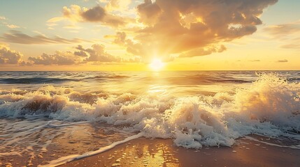 Fototapeta premium Beach sunset Beautiful panoramic landscape colorful golden sunset sky clouds Closeup calm sea with waves splashing softly on sandy beach Amazing sunrise landscape summer nature peacefu : Generative AI