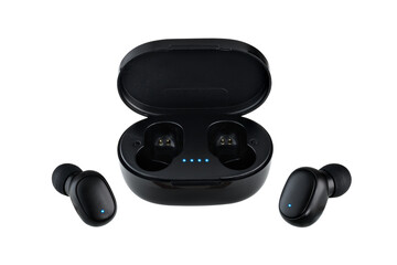 
Wireless headphones in black case isolated on white background.