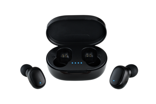 
Wireless headphones in black case isolated on white background.