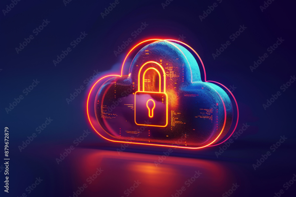 Poster glowing cloud with padlock highlighting the concept of secure digital data storage in the cloud