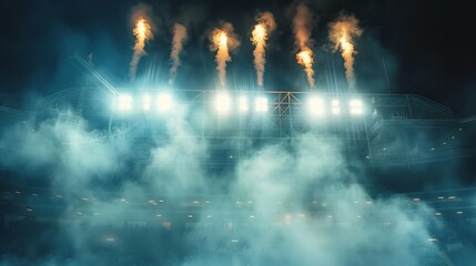 An impressive display of bright white stadium lights with smoke and fire effects above, creating an exhilarating and energetic environment in a large public venue.