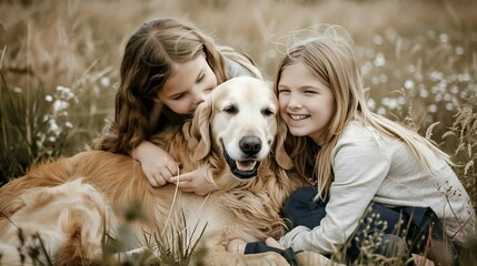 Siblings lovingly cuddle their golden retriever in the grass sharing a sweet moment : Generative AI