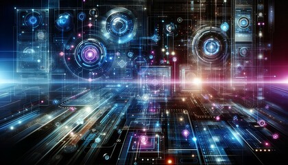 Obraz premium Futuristic Digital Network with Advanced Circuitry and Glowing Interfaces HiTech Cyber Environment