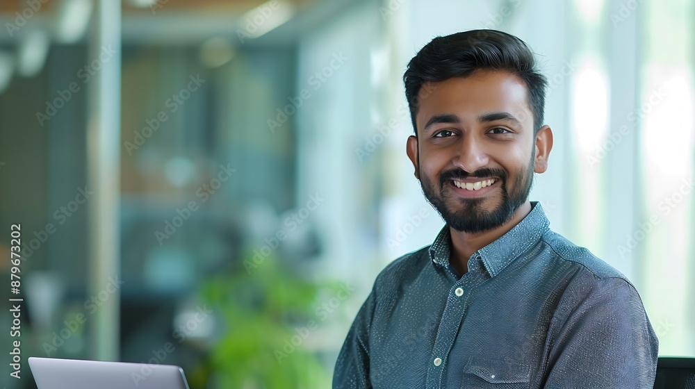 Aufkleber Portrait of happy and successful businessman indian man smiling and looking at camera satisfied with achievement results man working inside office building using laptop at work : Generative AI