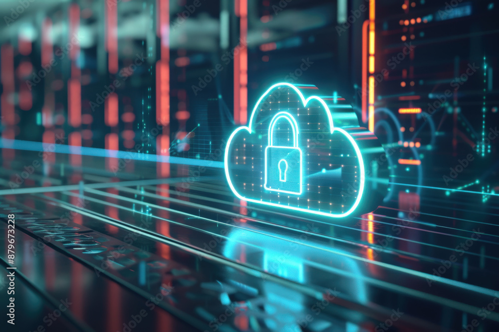 Poster glowing padlock is shining inside a cloud computing symbol, representing digital data storage securi