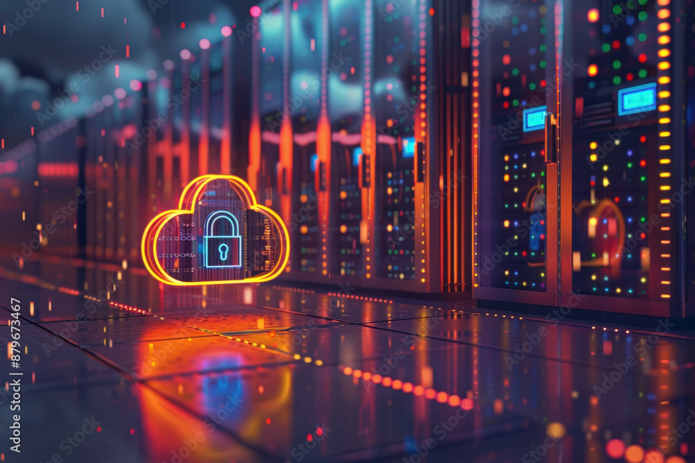 Poster glowing padlock inside a data cloud symbol is hovering over a server room floor, representing digita