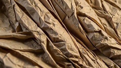 Abstract beige crumpled paper background. Beatutiful sepia brown grunge trash garbage wrinkled craft cardboard bag texture wallpaper.	