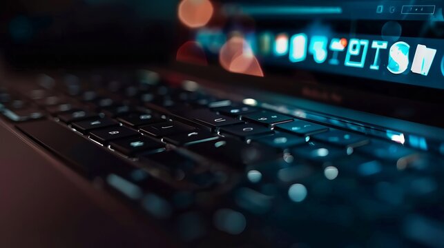 A close-up shot of a keyboard with select keys glowing against an abstract dark background, creating a high-tech, modern feel excellent for technology related content.
