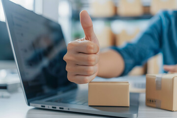 A happy customer giving a thumbs up next to a laptop showing product reviews, Ratings and feedback after receiving the product