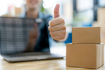 A happy customer giving a thumbs up next to a laptop showing product reviews, Ratings and feedback after receiving the product