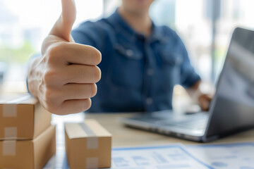A happy customer giving a thumbs up next to a laptop showing product reviews, Ratings and feedback after receiving the product