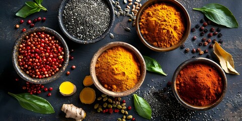 Overhead shot of bowls containing superfoods such as turmeric, chia seeds, and wolfberry. Concept Superfood Bowls, Overhead Shot, Turmeric, Chia Seeds, Wolfberry