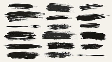A collection of various black brush strokes on a white background, showcasing different styles and textures of paint application for digital design and art projects.
