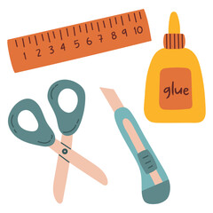 Cute flat stationery set. Scissors, ruler, box cutter, glue. Back to school. Trendy modern vector illustration, isolated on white, hand drawn
