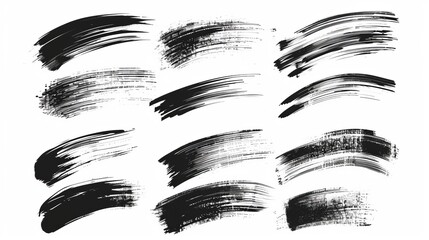 A diverse set of dynamic black brush strokes on a white background, featuring different textures and styles, perfect for creating expressive and artistic digital artwork.
