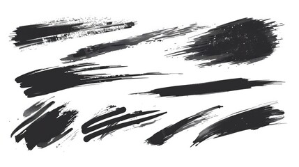 An assortment of various black brush strokes on a white background, displaying a range of textures and styles suitable for digital art and design projects.