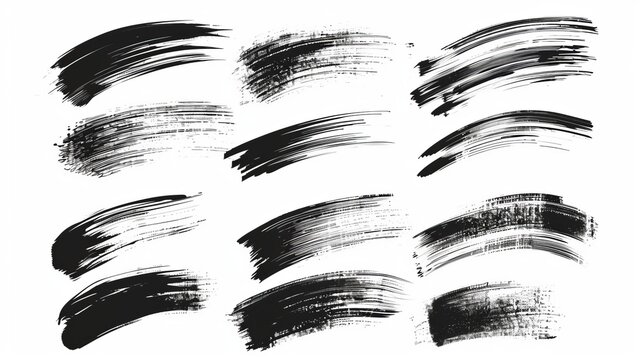 A diverse set of dynamic black brush strokes on a white background, featuring different textures and styles, perfect for creating expressive and artistic digital artwork.