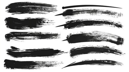 A variety of black brush strokes on a white canvas, demonstrating different artistic styles and textures, ideal for enhancing digital art and design projects.