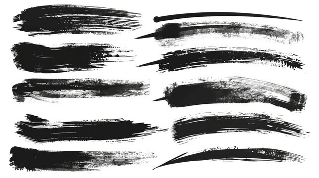 A variety of black brush strokes on a white canvas, demonstrating different artistic styles and textures, ideal for enhancing digital art and design projects.