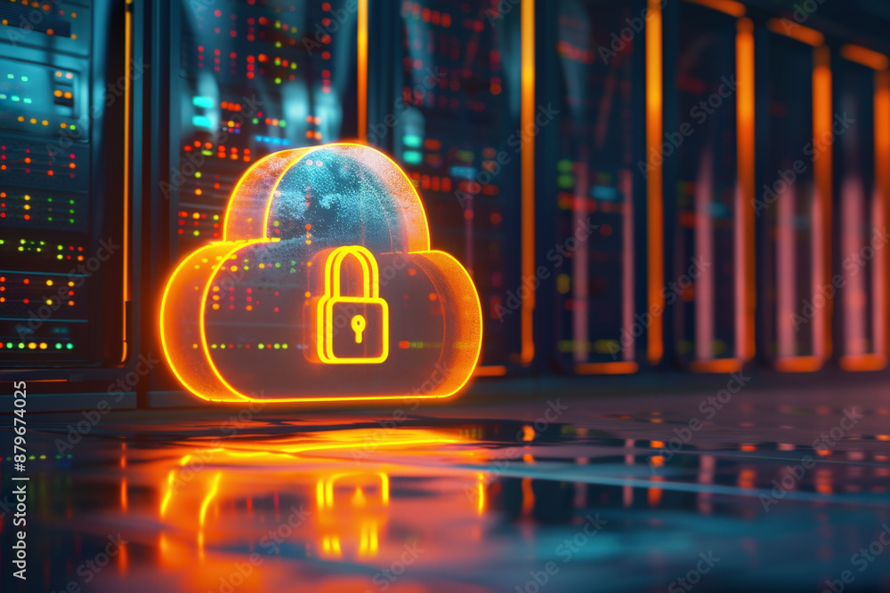 Poster glowing cloud with a padlock is illuminating a server room, symbolizing secure cloud computing and d