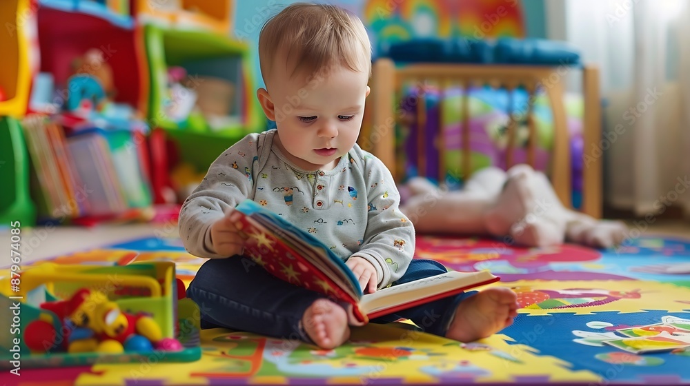 Poster infant sitting on a playmat and reading a coloful childrens book toddler boy enjoying a book at nurs