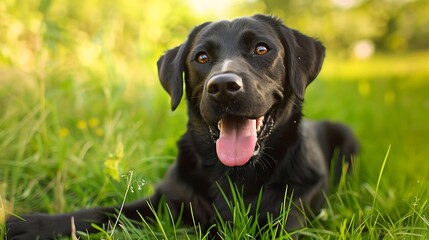 A joyful black Labrador dog with tongue out enjoying playtime in a lush green grass field Capturing the essence of fun and freedom : Generative AI