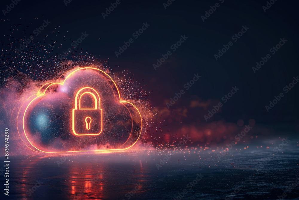 Poster glowing cloud with a padlock inside is representing data protection and cybersecurity in the digital