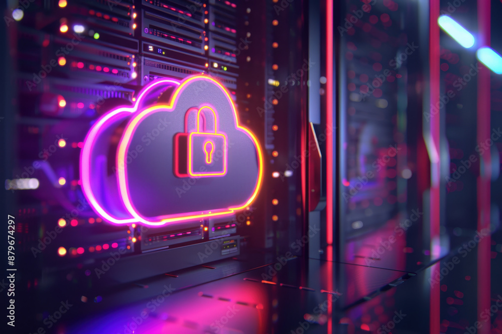 Poster glowing neon cloud with a padlock is hovering in front of rows of network servers, representing the 