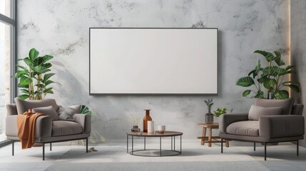 A blank modern flat screen TV hanging on the wall in a minimalist living room.