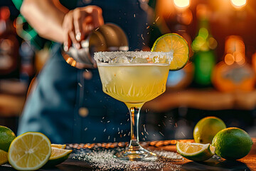 barman preparing a margarita cocktail on bar table