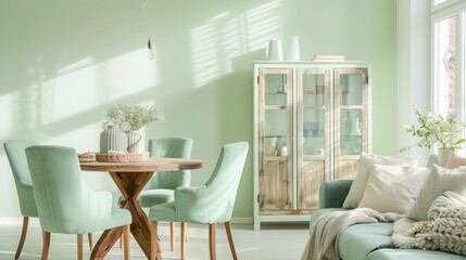 A bright, airy living room featuring mint-colored chairs at a round wooden dining table, a comfortable sofa, and a stylish cabinet against a soft green wall, with natural light flooding in.