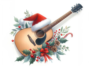 Watercolor painting of guitar christmas theme on​ white background
