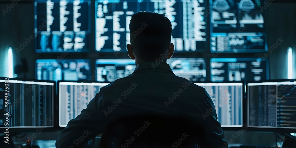 Poster cybersecurity expert vigilantly monitoring screens with data and code for defense. concept cybersecu