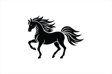  A powerful and majestic linocut horse silhouette, with flowing mane and tail 