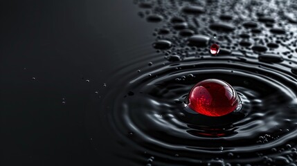A stunning visual captures a red droplet causing a ripple effect on a dark liquid surface, symbolizing impact and resonance in a minimalist, high-contrast composition.