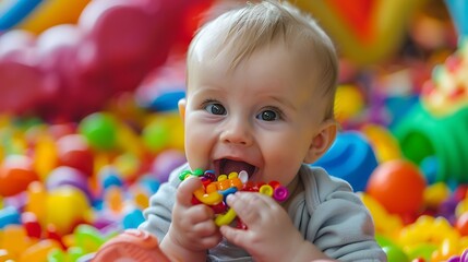 Obraz premium Cute baby boy nibbles and eats colourful toys because her small new teeth grow Playground for babies : Generative AI
