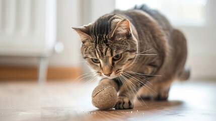 Fat tabby cat is playing pushing   with a paw slow feeder ball with dry food inside trying to take out a crunch Playful kitty having fun with a challenging toy Active mature feline : Generative AI