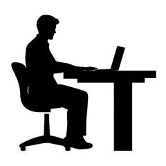 young man  cartoon character sitting on chair and working online using laptop