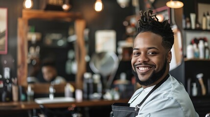 Fototapeta premium Barber shop hair stylist and black man portrait of an entrepreneur with a smile Salon professional worker and male person face with happiness and proud from small business and beauty p : Generative AI