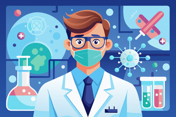 Handsome scientist (pharmacist, doctor, biochemist) wearing protective eyewear and developing a big COVID-19 vaccine (or flu vaccine) in a laboratory stock illustration