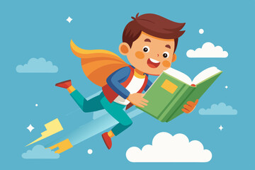 Kid flying with big book stock illustration
