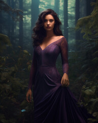 Fototapeta premium Beautiful woman in a purple dress in a forest, medieval fantasy