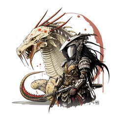 an alien worrior and his alien monster design in okami style