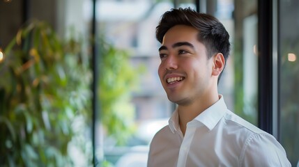 Obraz premium Smiling young business man standing looking away in office Happy Latin businessman male entrepreneur professional manager or company employee worker close up portrait Copy space : Generative AI