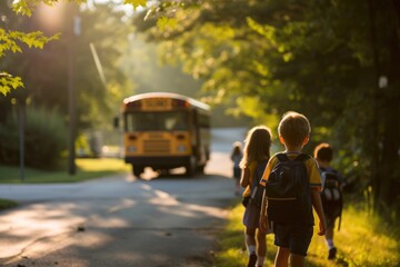 Obraz premium School Bus Pickup: Young Students Ready for Class
