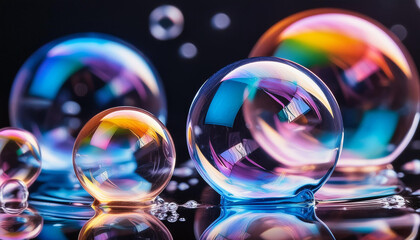 Rainbow soap bubbles against black background. Abstract multi-color backdrop. Bubble show.