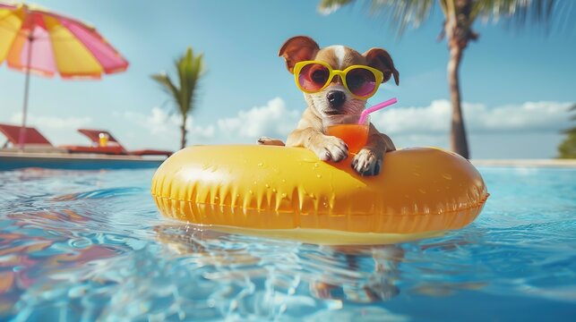 Cool dog relaxing in a pool on a summer day.